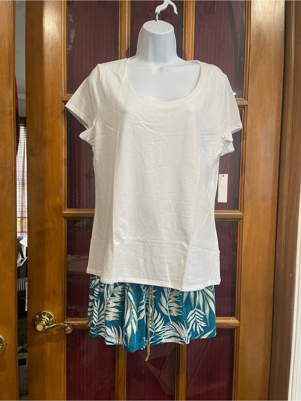 Classic White & Teal Tropical shorts with Scoop Neck Women's Short Set